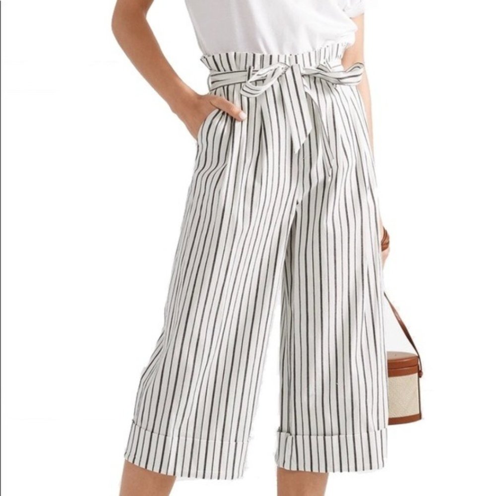 ALICE & OLIVIA Stripe Paper Bag High Waist Tie Wide Leg Cropped Pants 6 Culottes